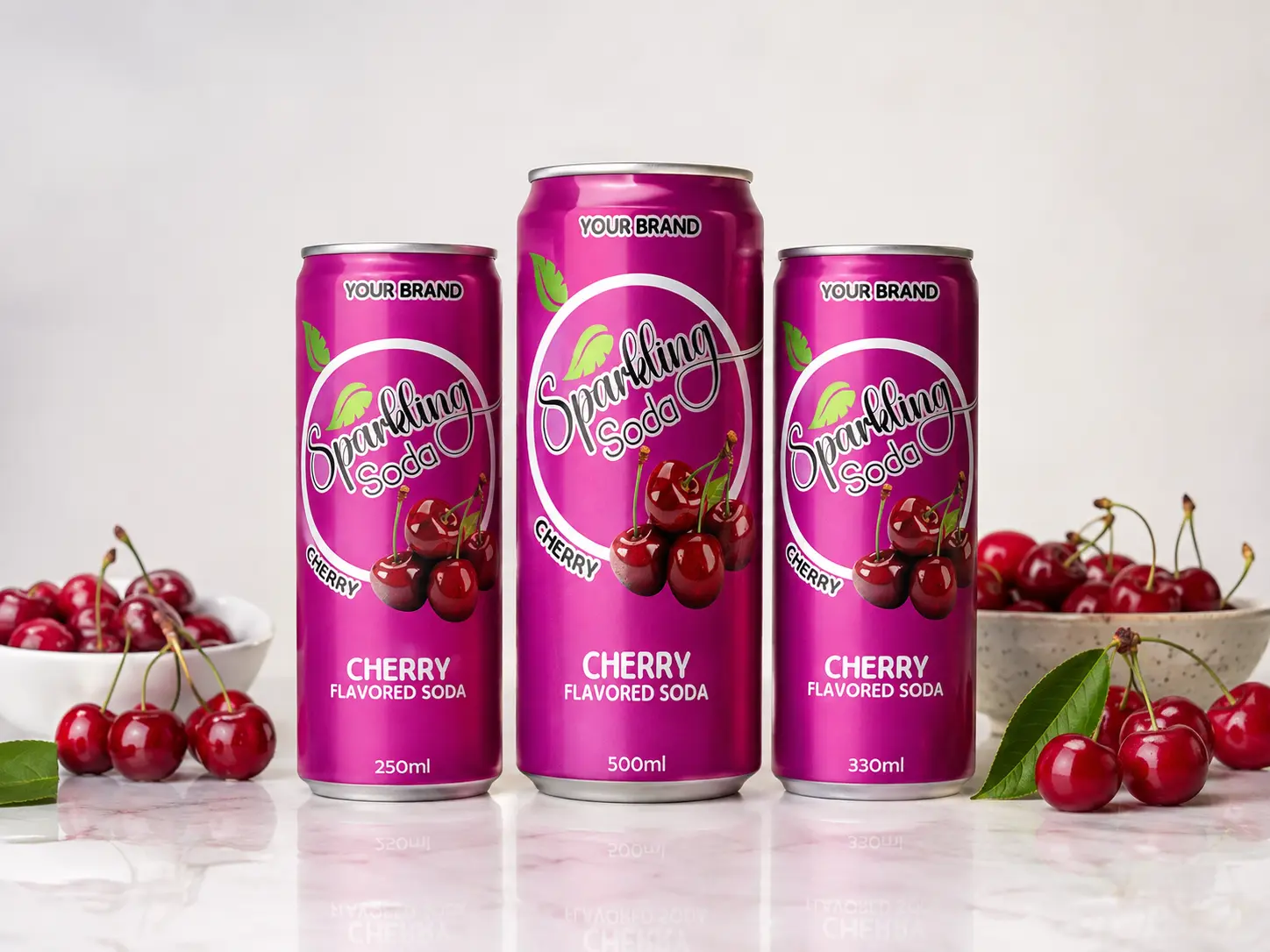 FUNCTIONAL SODA Cherry Flavored Drink in 250ml, 330ml, and 500ml cans with fresh cherries around the display.